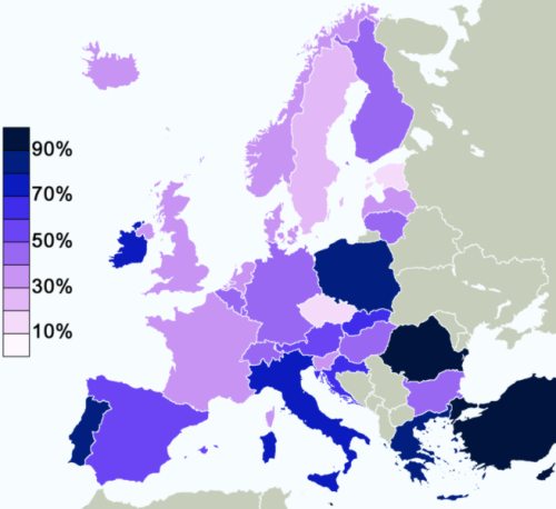 mapa de densidad de creyentes por paí­s en la Unión Europea